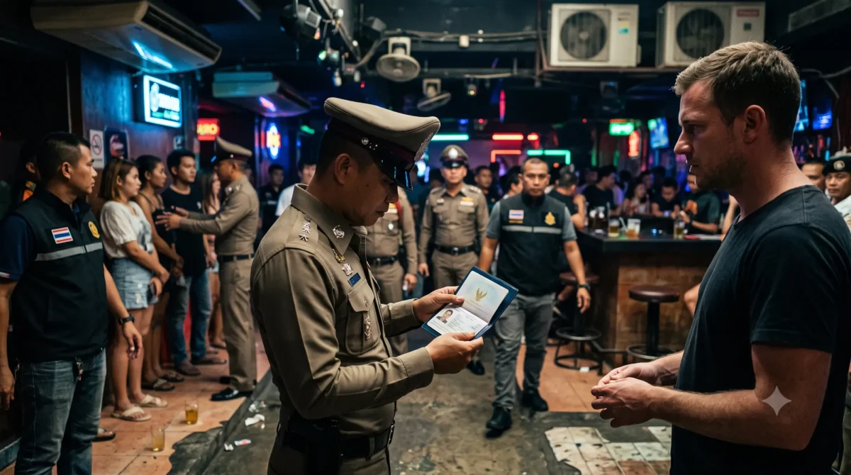 Thai police checking a tourist's passport during a bar raid in Pattaya